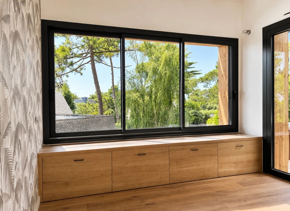 Agencement d'une maison à Pornichet, meuble rangement et banquette