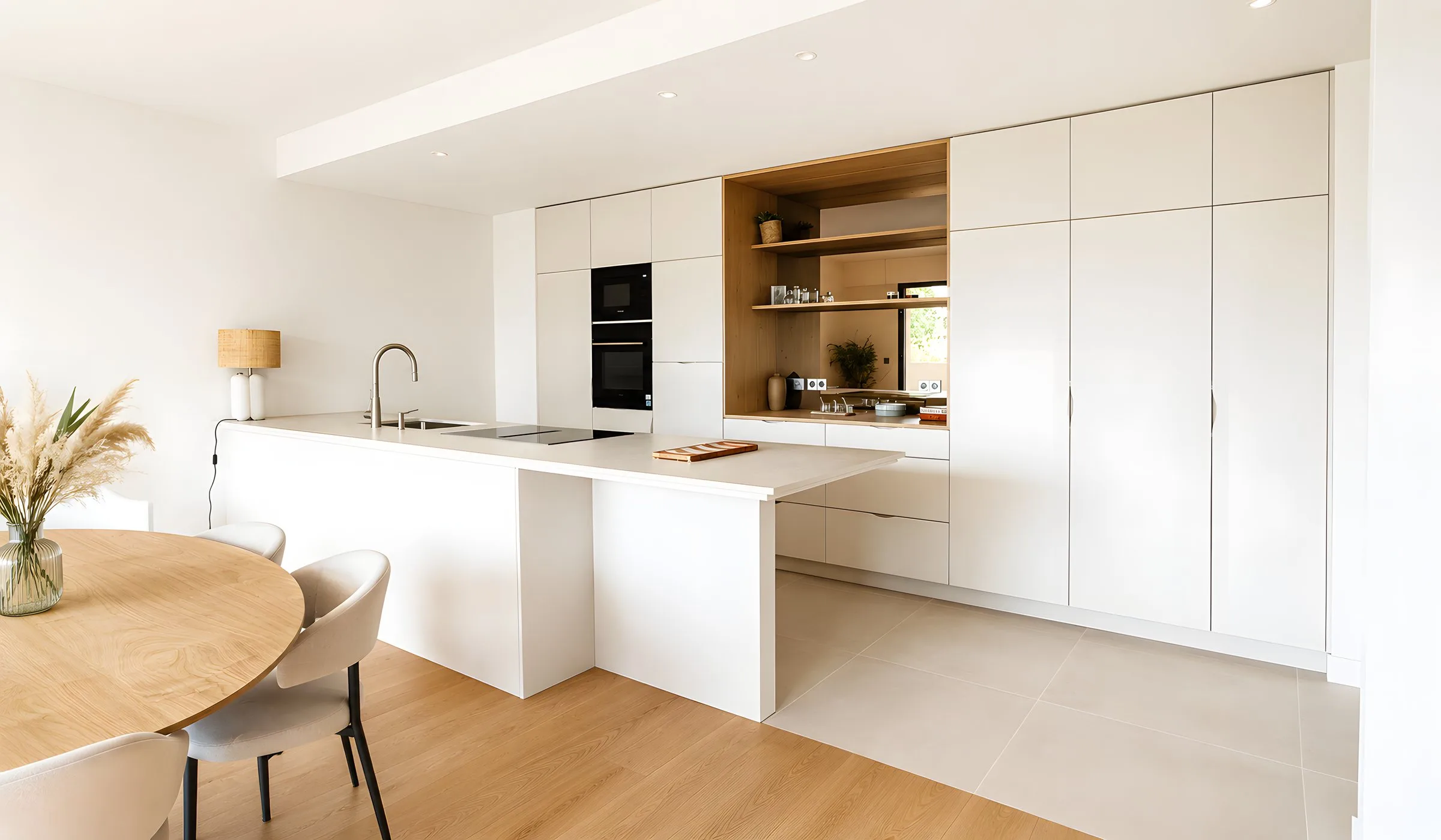 Cuisine ouverte avec îlot central, agencement sur-mesure d'un appartement à Nantes