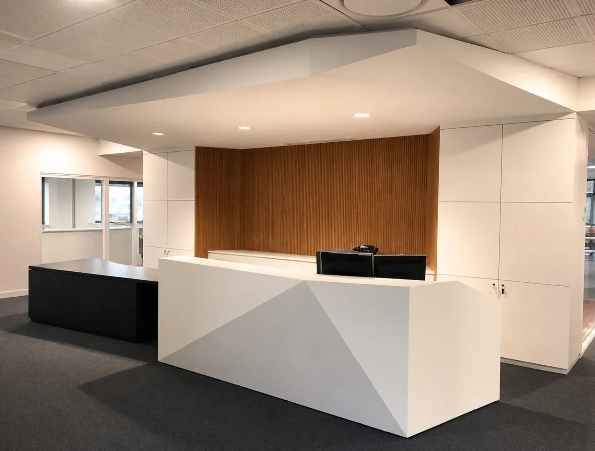 Banque d'accueil d'entreprise avec plateau blanc et habillage bois